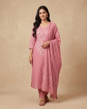 Dusty Rose Pink 3-Piece Festive Bandhani Suit Set for Women