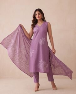 aa6ab515-5ed6-43f3-b9a0-892e4d7295d2 Women’s Pastel Lavender Sleeveless Printed Pure Cotton 3-Piece Kurta, Pant & Dupatta Set