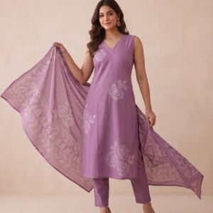 Women’s Pastel Lavender Sleeveless Printed Pure Cotton 3-Piece Kurta, Pant & Dupatta Set