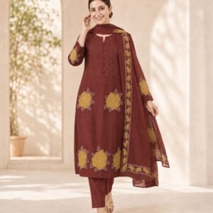 Deep Maroon & Mustard Floral 3-Piece Ethnic Suit Set for Women