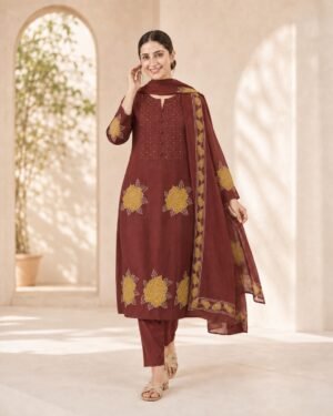 Deep Maroon & Mustard Floral 3-Piece Ethnic Suit Set for Women
