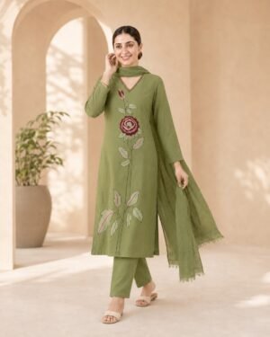 Sage Olive Floral Motif 3-Piece Contemporary Ethnic Suit Set for Women