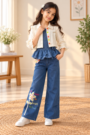 Girls Denim Co-ord Set - 3 Piece Cream Ruffle Shrug, Smocked Denim Peplum Top and Wide Leg Printed Jeans