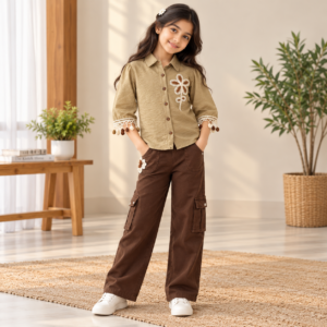 Girls Co-ord Set - 2 Piece Beige Textured Shirt with Crochet Flower and Brown Wide Leg Cargo Pants