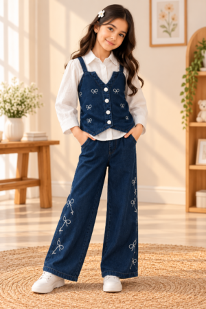 Girls Denim Co-ord Set - 3 Piece Bow Embroidered Denim Waistcoat, White Shirt and Wide Leg Jeans