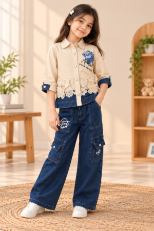 Girls Denim Co-ord Set - 2 Piece Beige Rose Print Shirt with Crochet Lace and Wide Leg Cargo Jeans