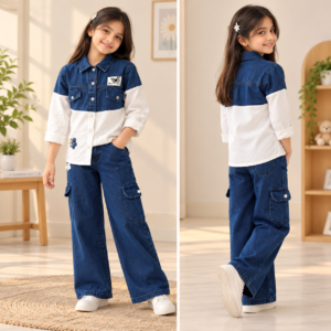 Girls Denim Co-ord Set - 2 Piece Blue and White Colour Block Shirt with Wide Leg Cargo Jeans