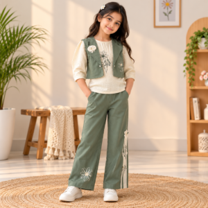 Girls Co-ord Set - 3 Piece Sage Green Waistcoat, Cream Printed Top and Wide Leg Pants with Floral Embroidery