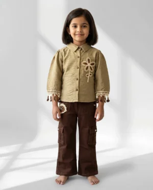 Girls Beige Embroidered Shirt with Brown Cargo Pants Co-Ord Set Girls Beige Embroidered Shirt with Brown Cargo Pants Co-Ord Set