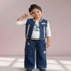 Girls Blue Denim 3-Piece Co-Ord Set with Cargo Jeans and Sleeveless Jacket