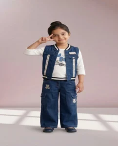 Girls Blue Denim 3-Piece Co-Ord Set with Cargo Jeans and Sleeveless Jacket