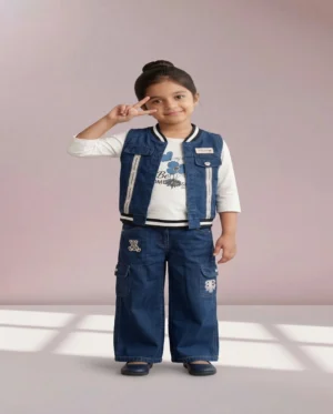 Girls Blue Denim 3-Piece Co-Ord Set with Cargo Jeans and Sleeveless Jacket Girls Blue Denim 3-Piece Co-Ord Set with Cargo Jeans and Sleeveless Jacket