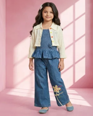 Girls Blue Denim 3-Piece Co-Ord Set with Floral Printed Wide-Leg Jeans Girls Blue Denim 3-Piece Co-Ord Set with Floral Printed Wide-Leg Jeans
