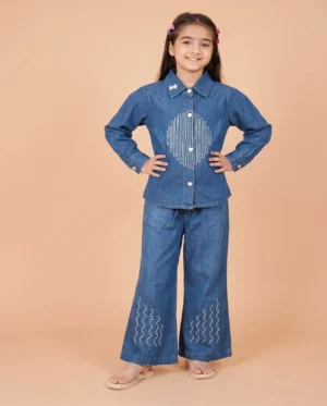 Girls Blue Denim Shirt and Wide-Leg Jeans Co-Ord Set Girls Blue Denim Shirt and Wide-Leg Jeans Co-Ord Set