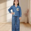 Girls Blue Denim Shirt and Wide-Leg Pants Co-Ord Set