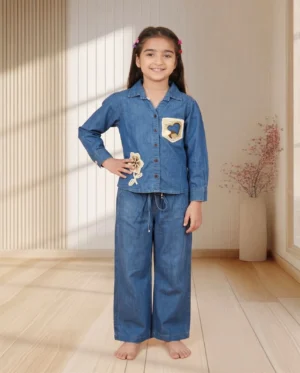 Girls Blue Denim Shirt and Wide-Leg Pants Co-Ord Set Girls Blue Denim Shirt and Wide-Leg Pants Co-Ord Set