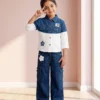 Girls Blue and White Denim Shirt with Wide-Leg Cargo Jeans Set