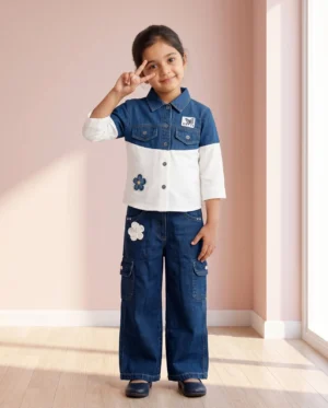 Girls Blue and White Denim Shirt with Wide-Leg Cargo Jeans Set Girls Blue and White Denim Shirt with Wide-Leg Cargo Jeans Set