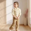 Girls Cream Floral Embroidered Top with Beige Wide-Leg Pants Set