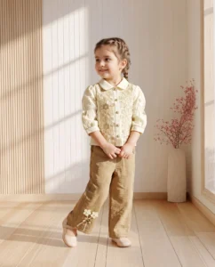 Girls Cream Floral Embroidered Top with Beige Wide-Leg Pants Set