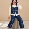 Girls Navy Blue Denim 3-Piece Co-Ord Set with Bow Embellishments