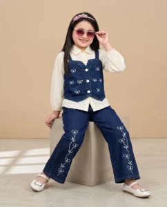 Girls Navy Blue Denim 3-Piece Co-Ord Set with Bow Embellishments Girls Navy Blue Denim 3-Piece Co-Ord Set with Bow Embellishments