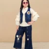 Girls Navy Blue Denim 3-Piece Co-Ord Set with Floral Embroidered Vest