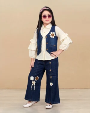 Girls Navy Blue Denim 3-Piece Co-Ord Set with Floral Embroidered Vest Girls Navy Blue Denim 3-Piece Co-Ord Set with Floral Embroidered Vest