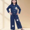 Girls Navy Blue Denim Floral Embroidered Shirt and Wide-Leg Jeans Set