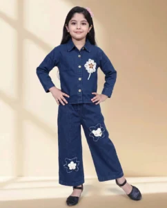 Girls Navy Blue Denim Floral Embroidered Shirt and Wide-Leg Jeans Set