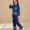 Girls Navy Blue Embroidered Denim Co-Ord Set