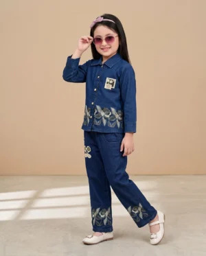 Girls Navy Blue Embroidered Denim Co-Ord Set Girls Navy Blue Embroidered Denim Co-Ord Set
