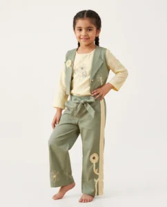 Girls Sage Green Floral Embroidered 3-Piece Co-Ord Set with Bow Belt