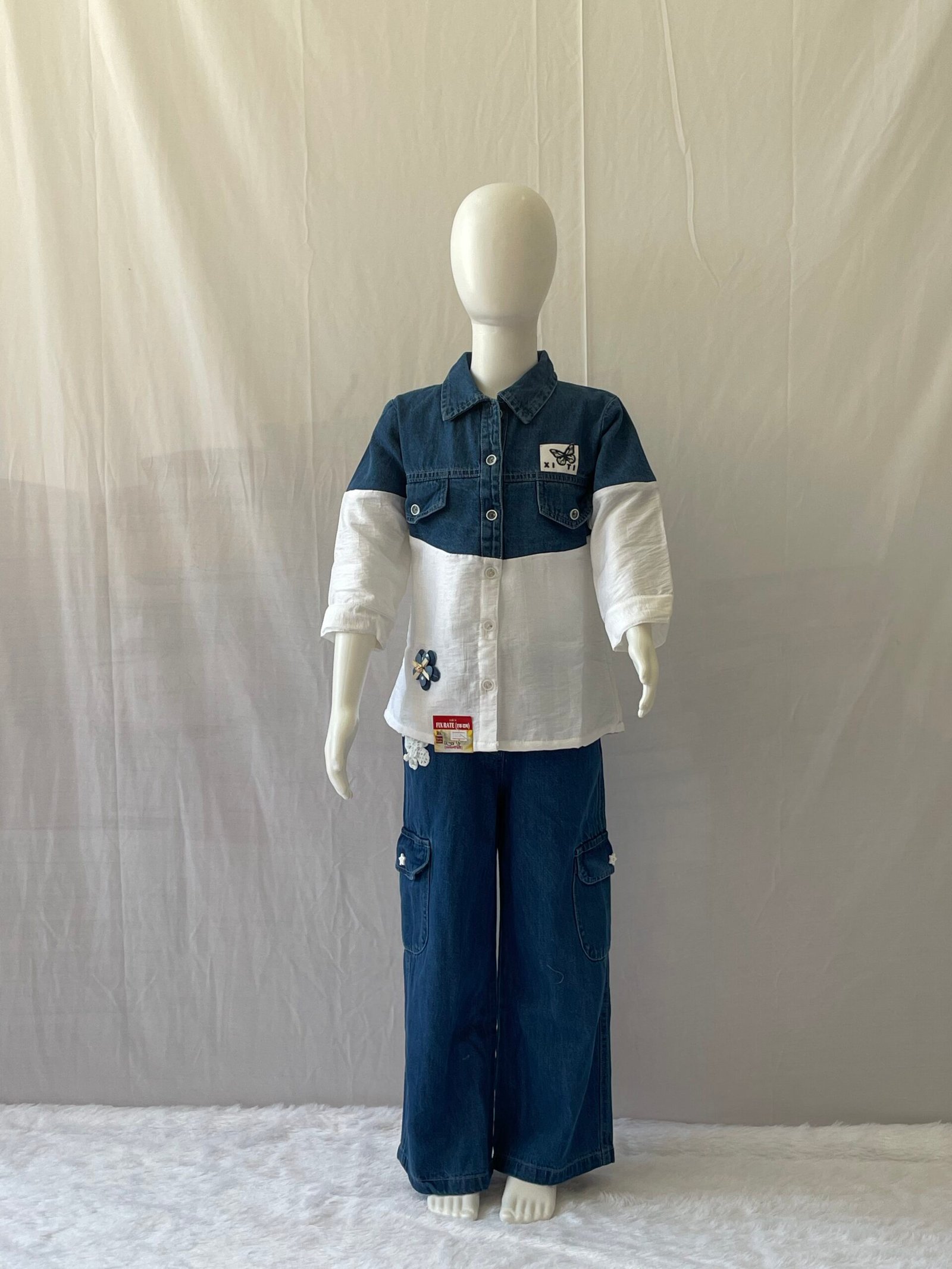 Girls Denim Co-ord Set - 2 Piece Blue and White Colour Block Shirt with Wide Leg Cargo Jeans