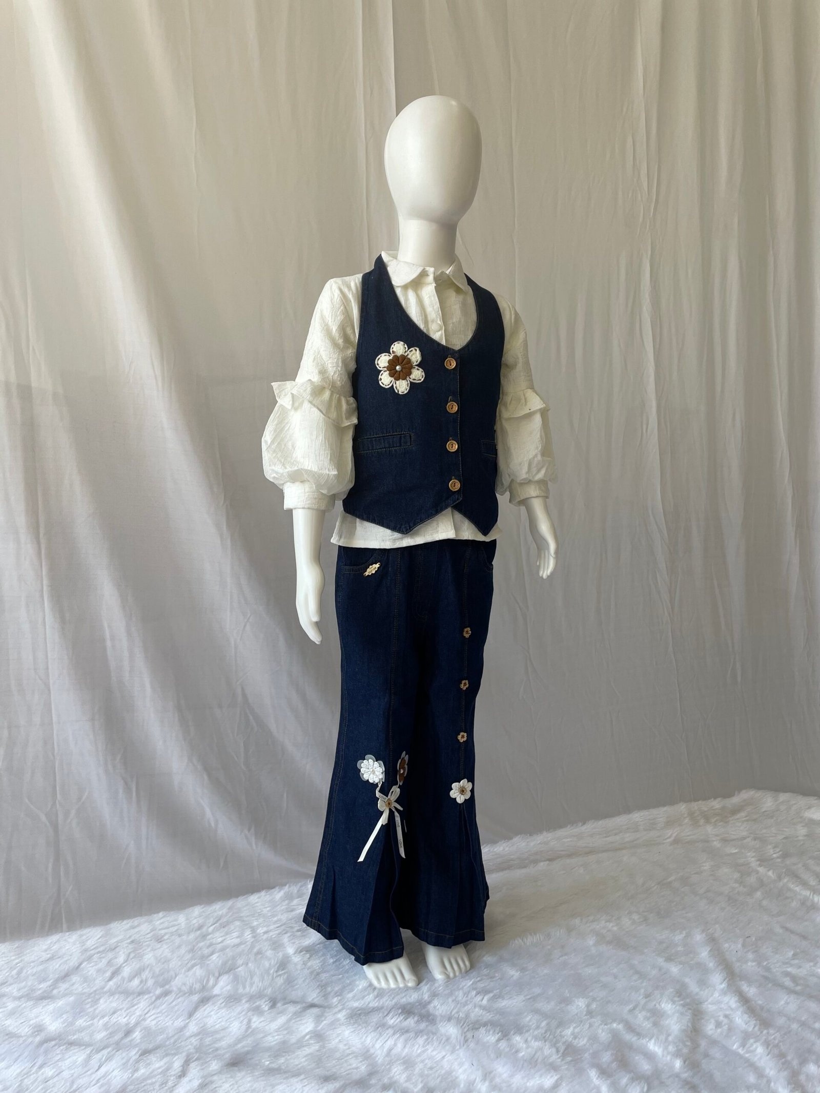 Girls Denim Co-ord Set - 2 Piece Blue and White Colour Block Shirt with Wide Leg Cargo Jeans