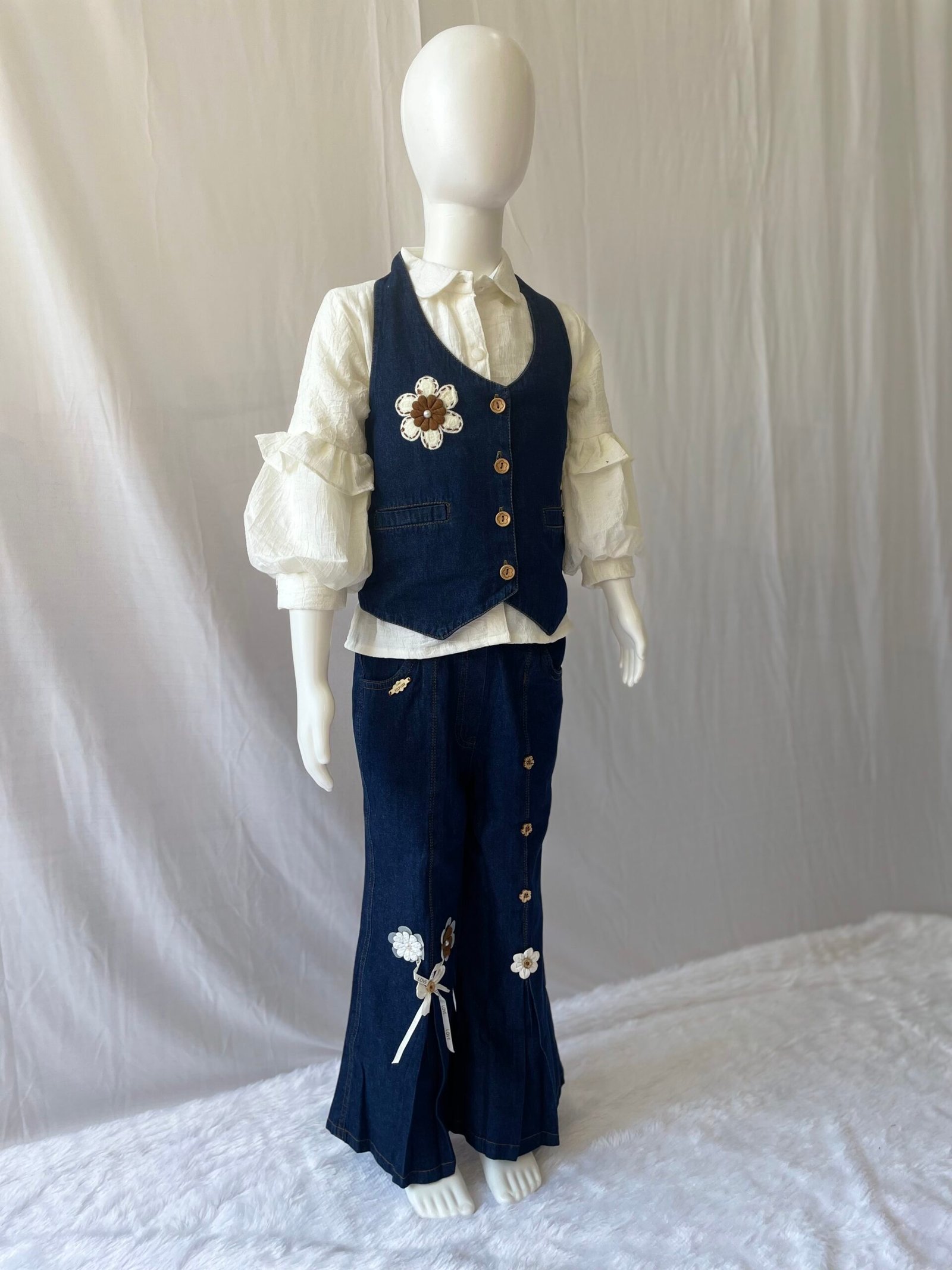 Girls Denim Co-ord Set - 2 Piece Blue and White Colour Block Shirt with Wide Leg Cargo Jeans