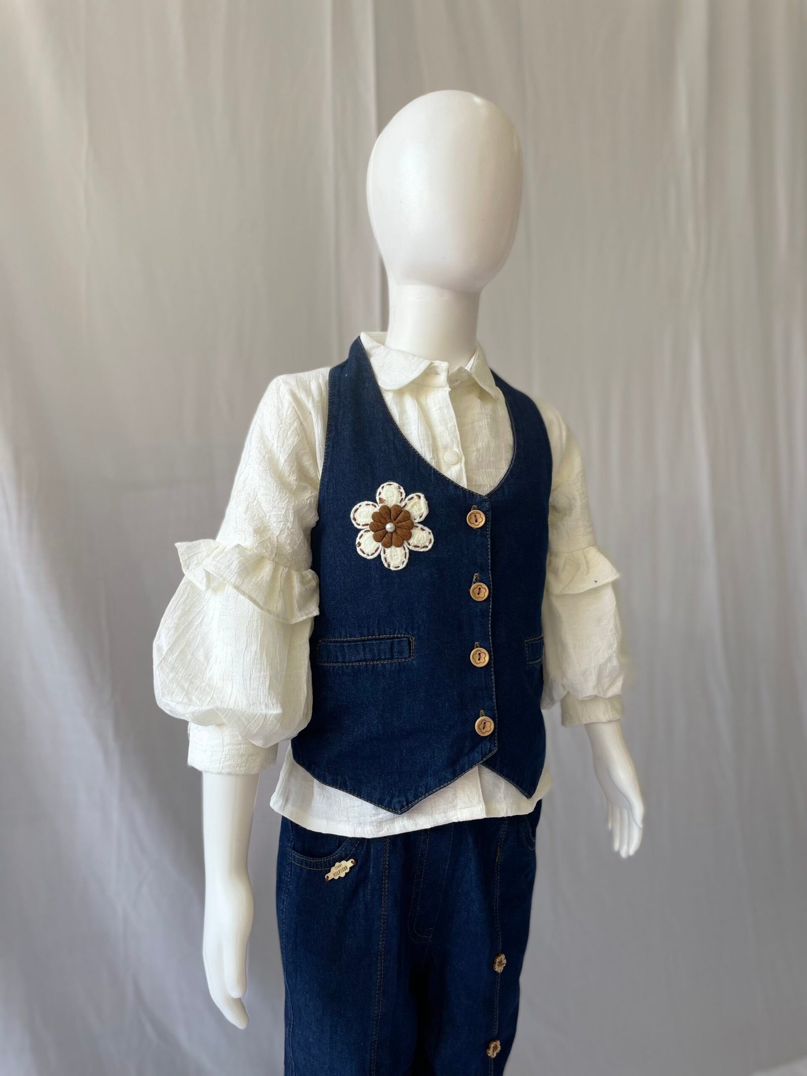 Girls Denim Co-ord Set - 2 Piece Blue and White Colour Block Shirt with Wide Leg Cargo Jeans