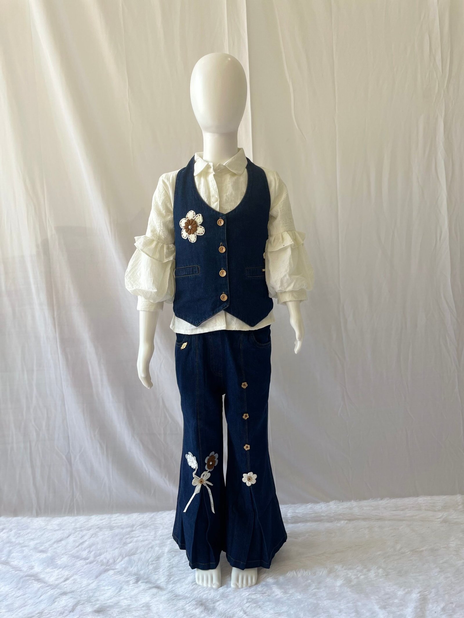 Girls Denim Co-ord Set - 2 Piece Blue and White Colour Block Shirt with Wide Leg Cargo Jeans