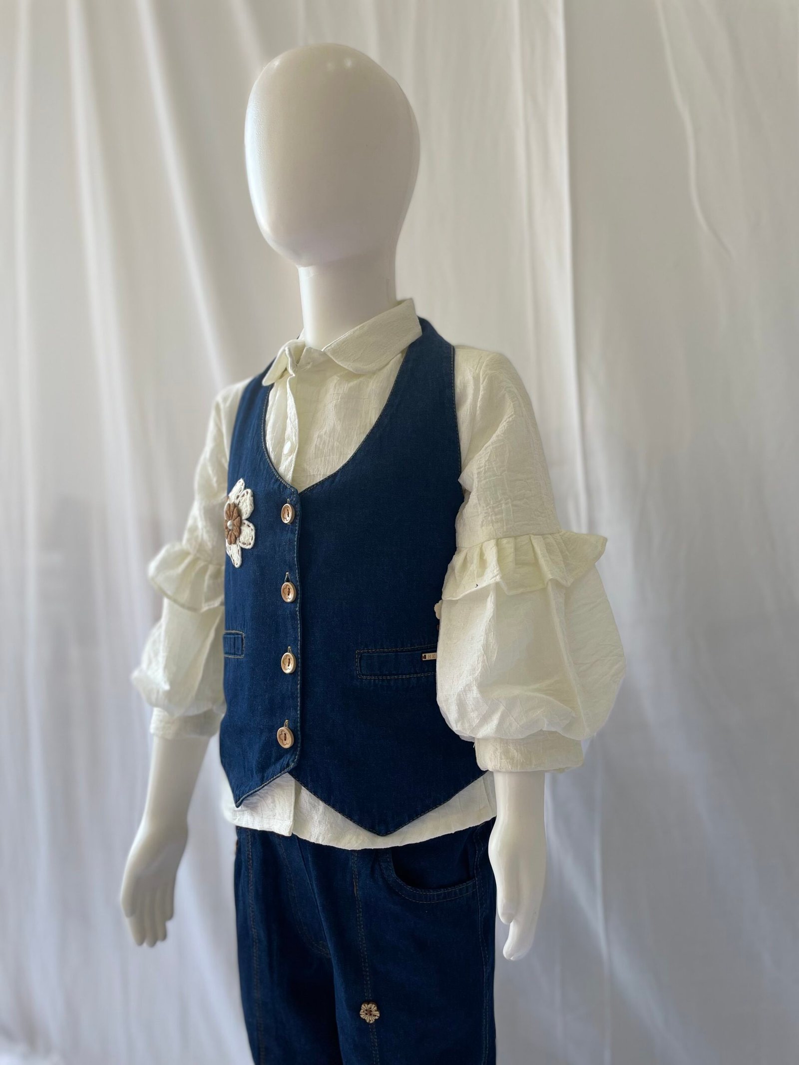 Girls Denim Co-ord Set - 2 Piece Blue and White Colour Block Shirt with Wide Leg Cargo Jeans
