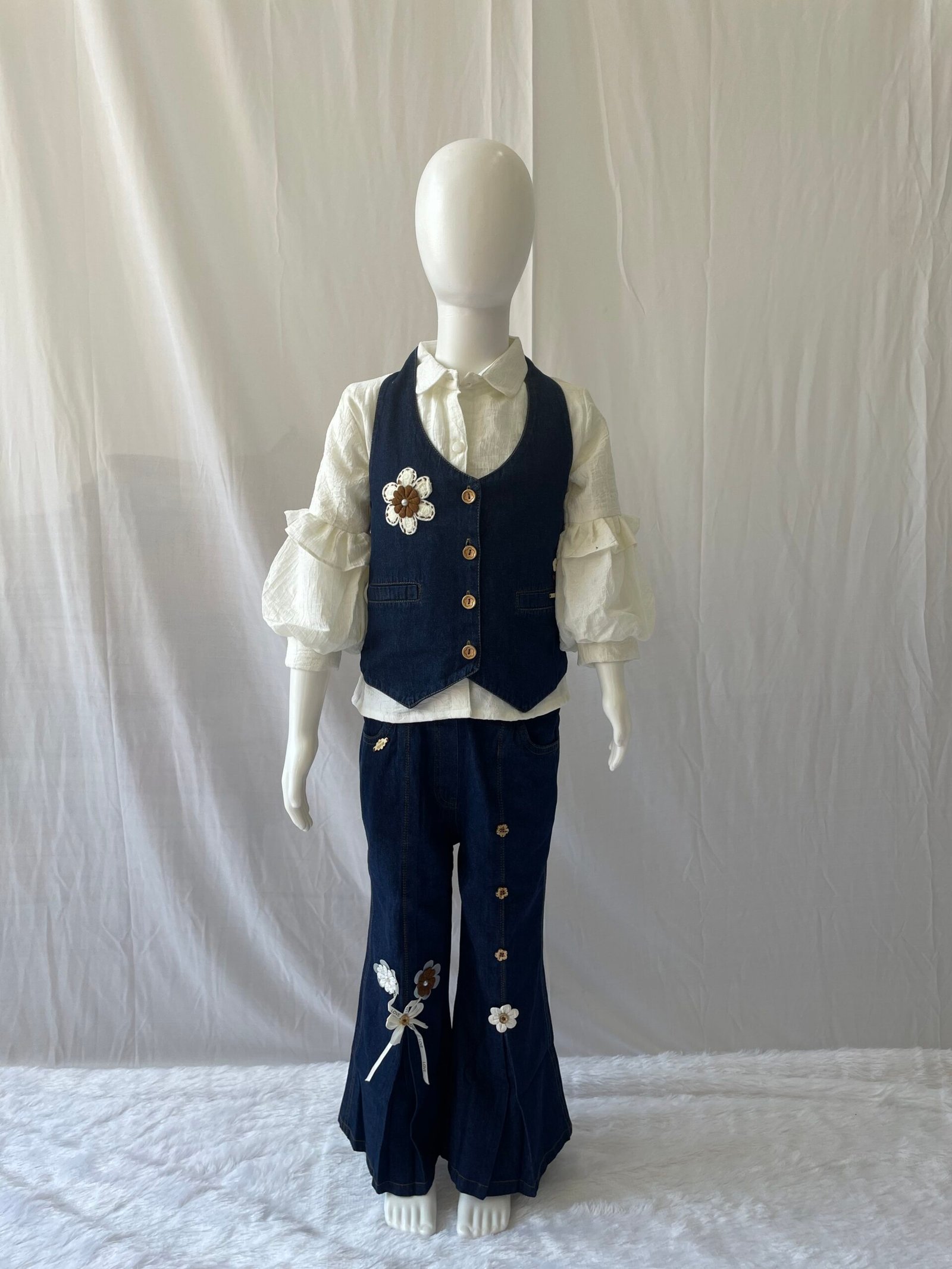 Girls Denim Co-ord Set - 2 Piece Blue and White Colour Block Shirt with Wide Leg Cargo Jeans