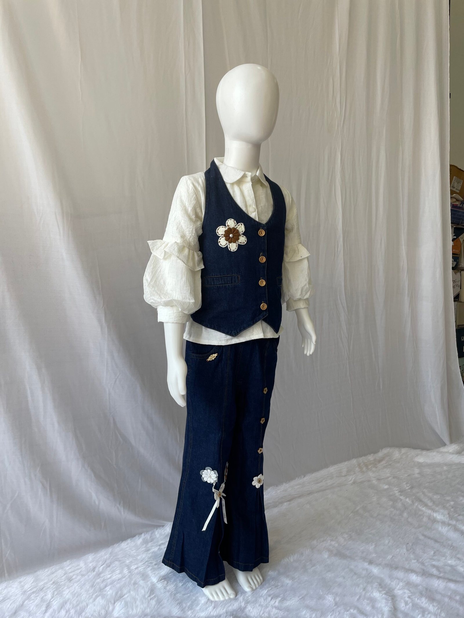 Girls Denim Co-ord Set - 2 Piece Blue and White Colour Block Shirt with Wide Leg Cargo Jeans