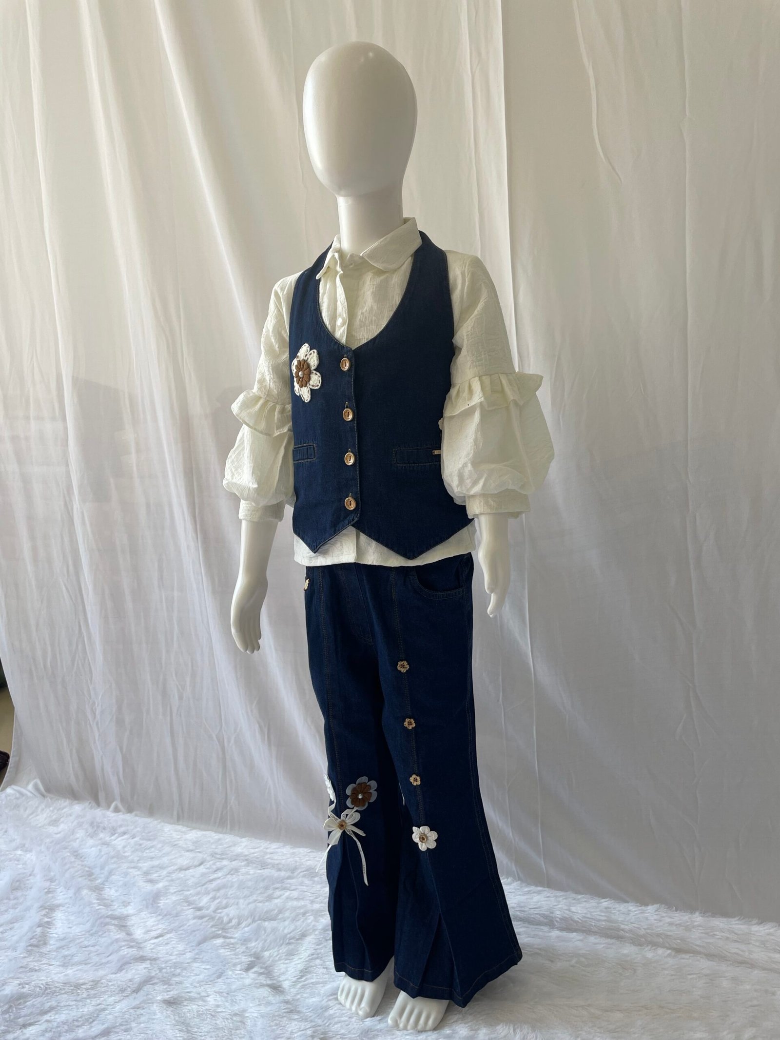 Girls Denim Co-ord Set - 2 Piece Blue and White Colour Block Shirt with Wide Leg Cargo Jeans
