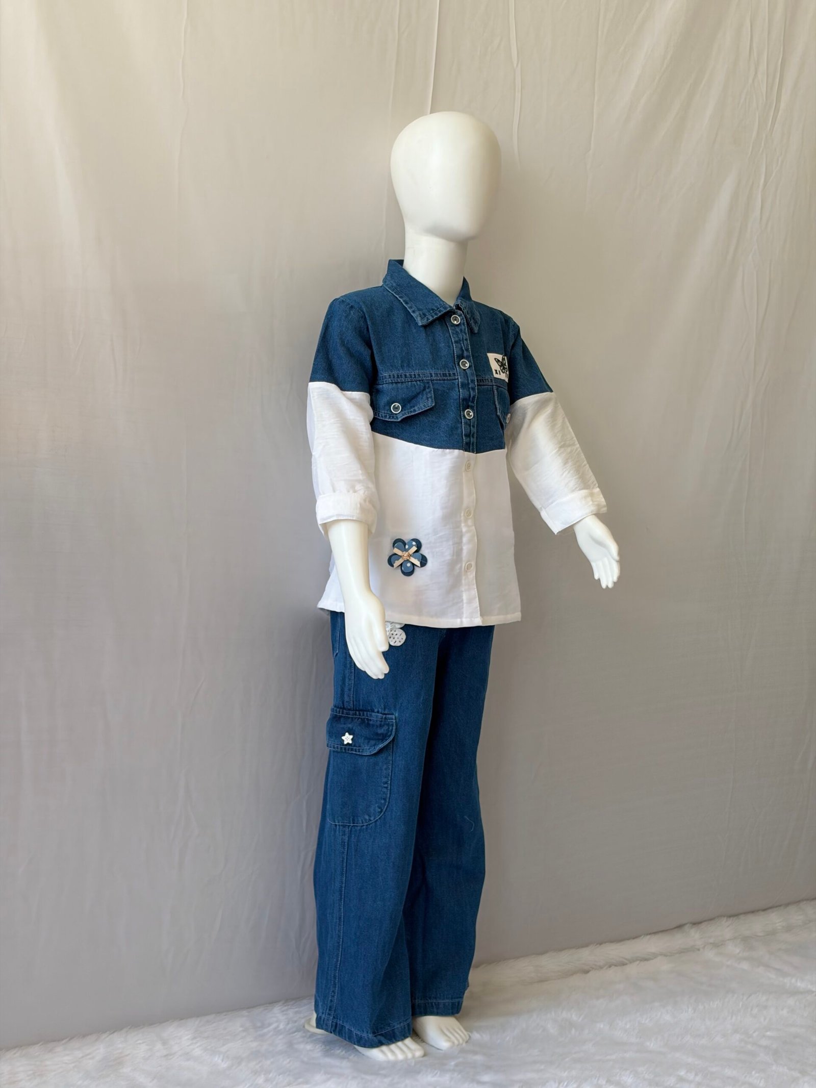 Girls Denim Co-ord Set - 2 Piece Blue and White Colour Block Shirt with Wide Leg Cargo Jeans