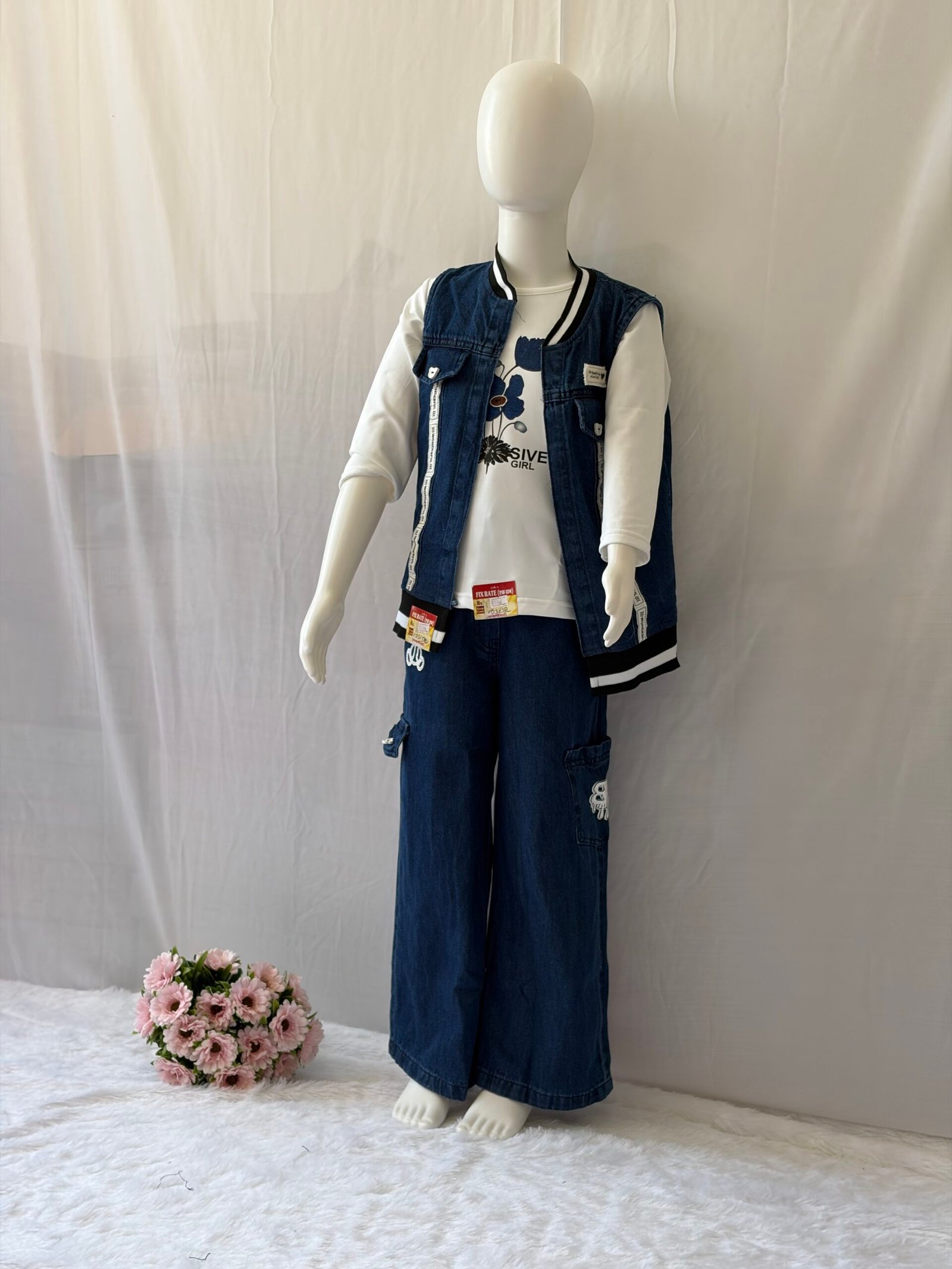 Girls Denim 3 Piece Set - Sleeveless Denim Jacket, White Printed T-Shirt and Wide Leg Cargo Jeans