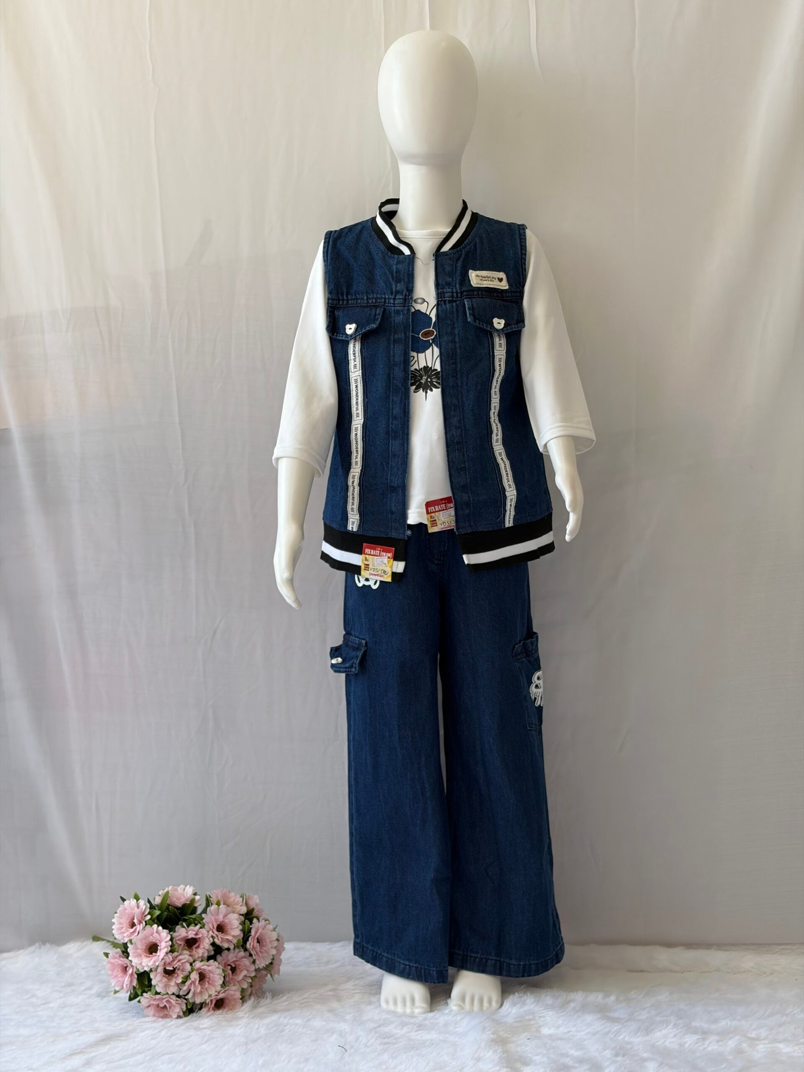 Girls Denim 3 Piece Set - Sleeveless Denim Jacket, White Printed T-Shirt and Wide Leg Cargo Jeans