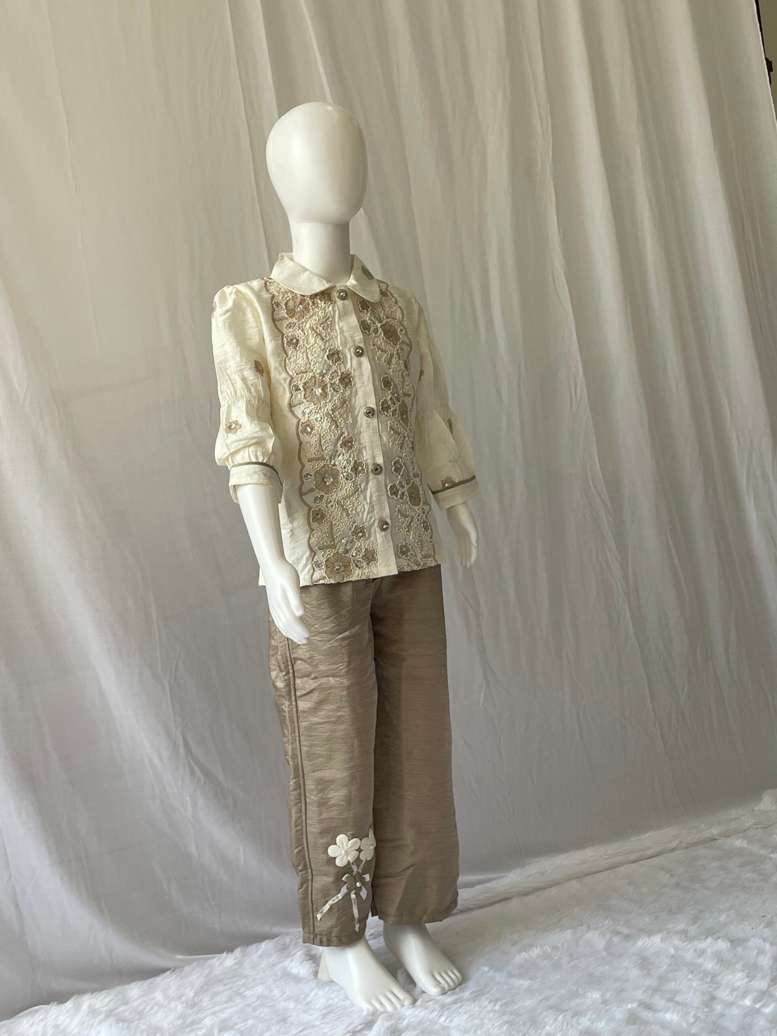 Girls Co-ord Set - 2 Piece Cream Floral Embroidered Shirt with Taupe Wide Leg Pants