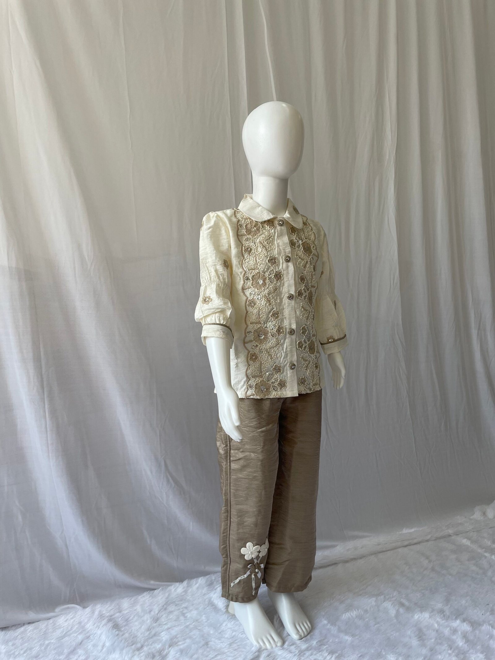 Girls Co-ord Set - 2 Piece Cream Floral Embroidered Shirt with Taupe Wide Leg Pants