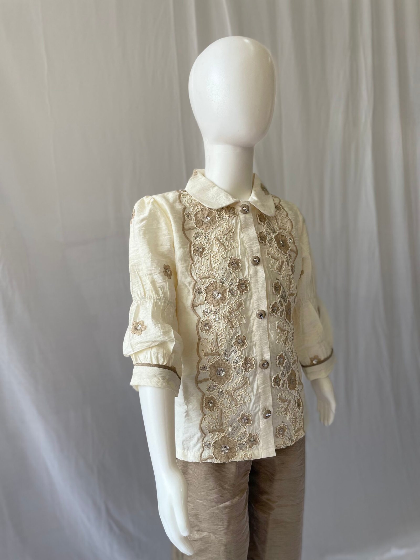 Girls Co-ord Set - 2 Piece Cream Floral Embroidered Shirt with Taupe Wide Leg Pants