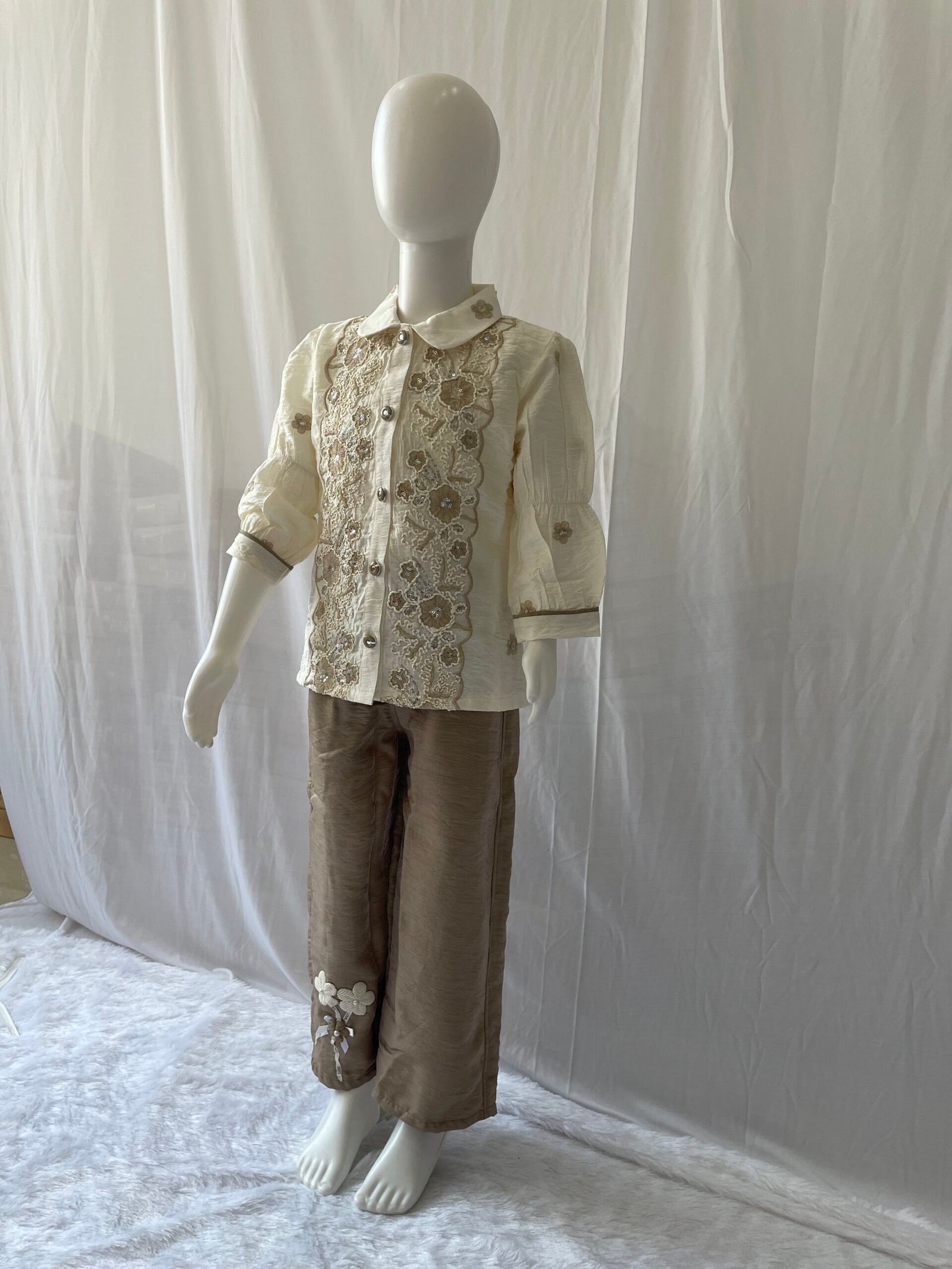 Girls Co-ord Set - 2 Piece Cream Floral Embroidered Shirt with Taupe Wide Leg Pants