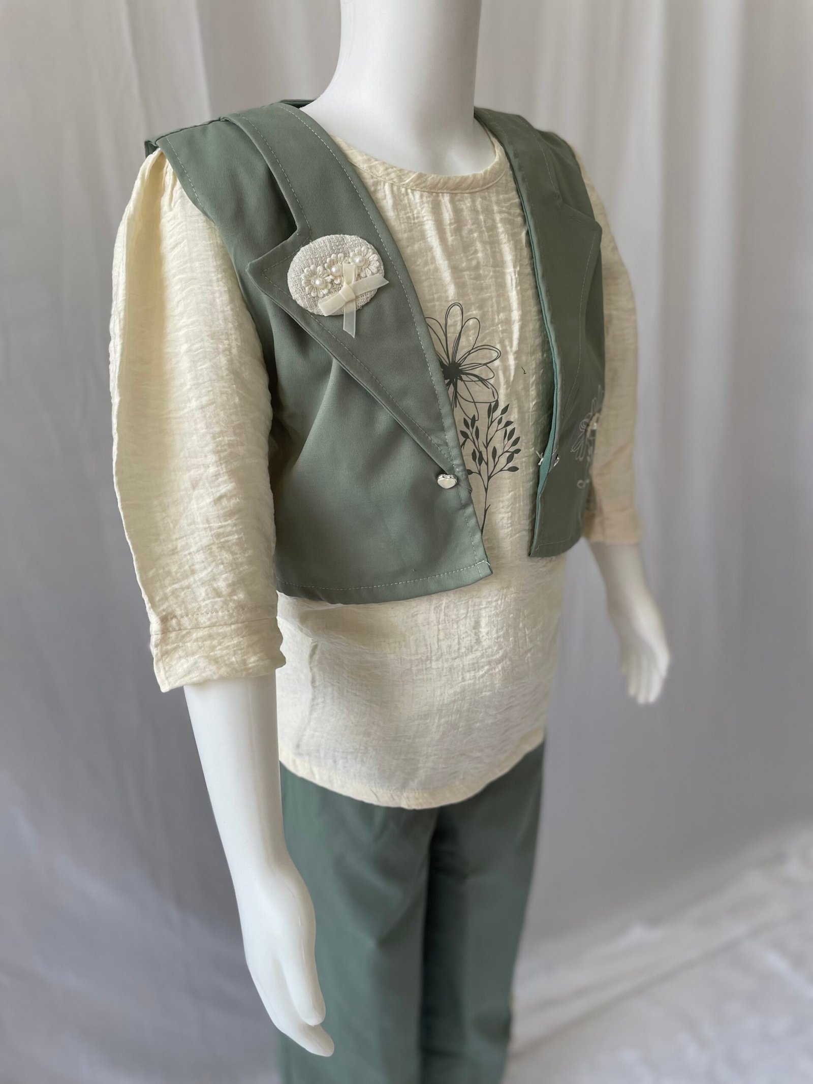 Girls Co-ord Set - 3 Piece Sage Green Waistcoat, Cream Printed Top and Wide Leg Pants with Floral Embroidery